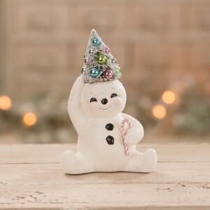Bethany Lowe Pastel Candy Cane Snowman With Bottle Brush Tree Christmas New